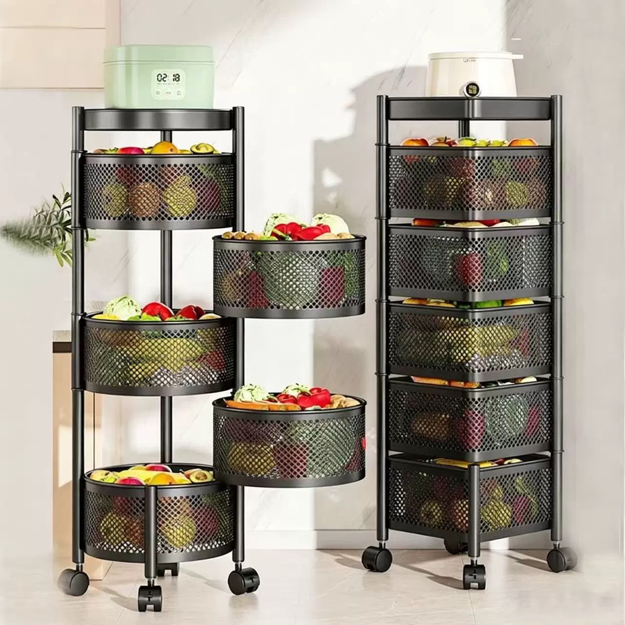 square and round frame storage racks, portable multi-layer floor-standing rotating kitchen storage racks 