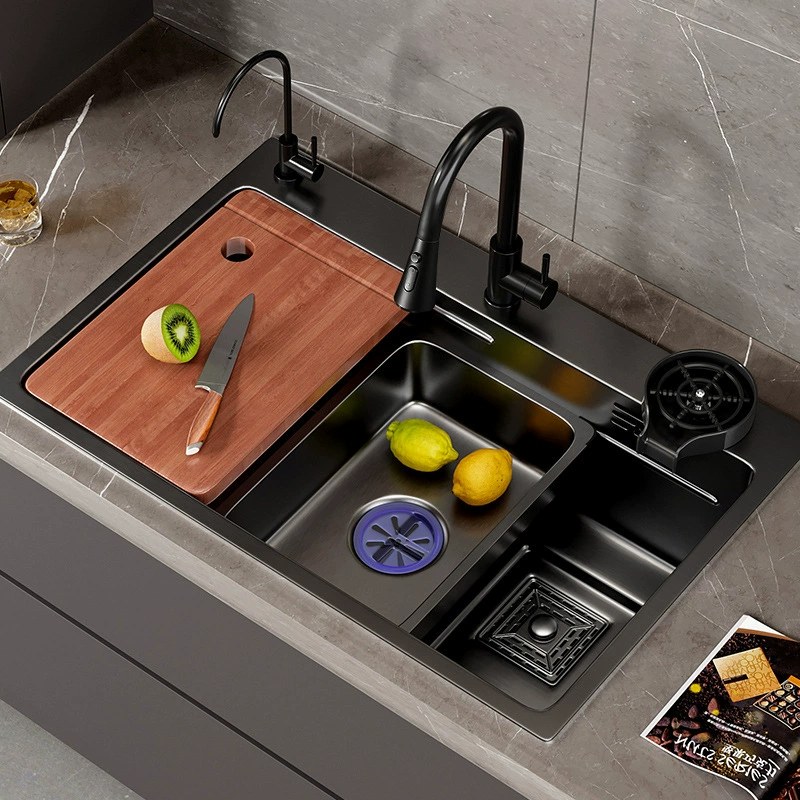 Kitchen 304 Stainless Steel Sink, Black Nano Wash Basin, Large Single Sink, Thickened Dishwashing Sink 