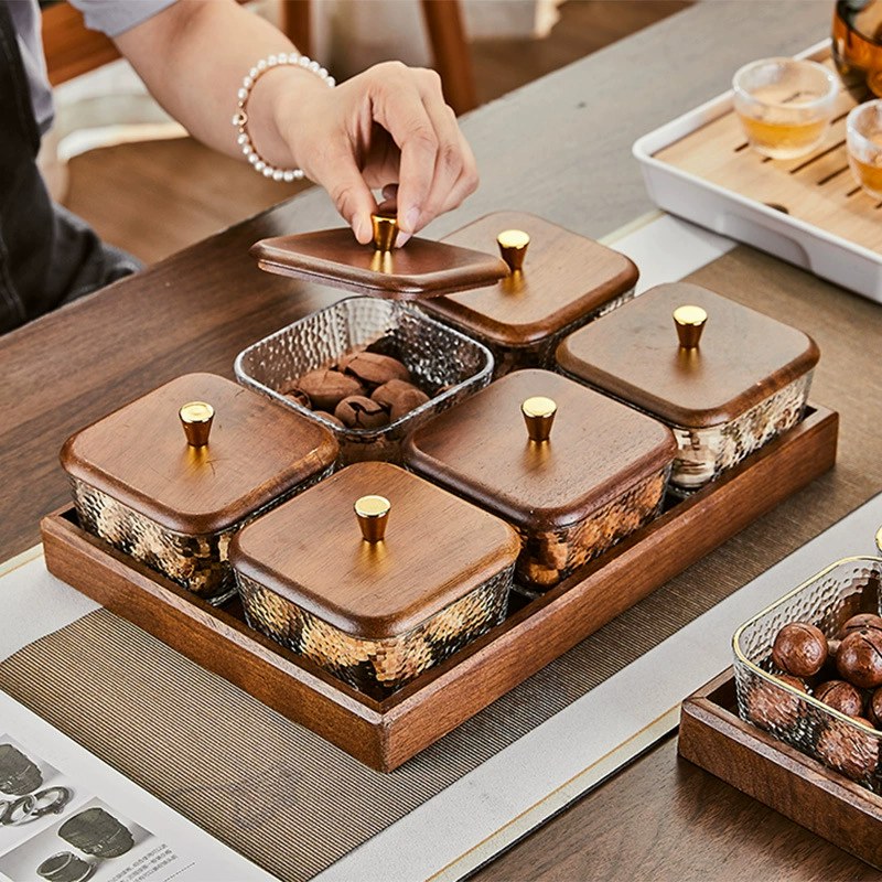 Walnut Fruit Plate Snack Storage Box Light Luxury High-end Glass Dried Fruit Plate Tea Table Tea Point Candy Split Plate