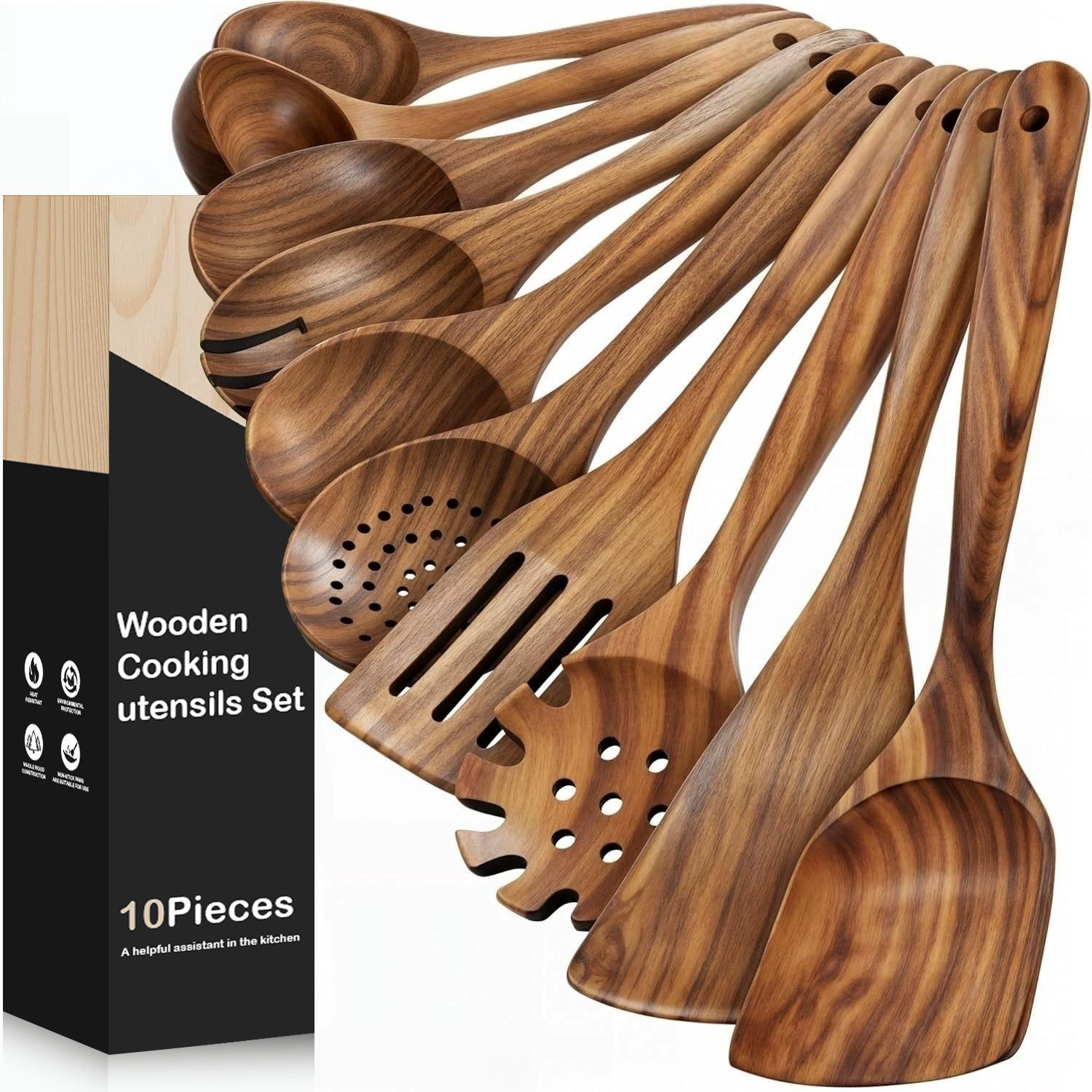 Amazons Best-Selling Kitchen Utensils and Cookware Set, Teak Cooking Spoon, Spatula, Cooking Colander, Wooden Spoon Set 