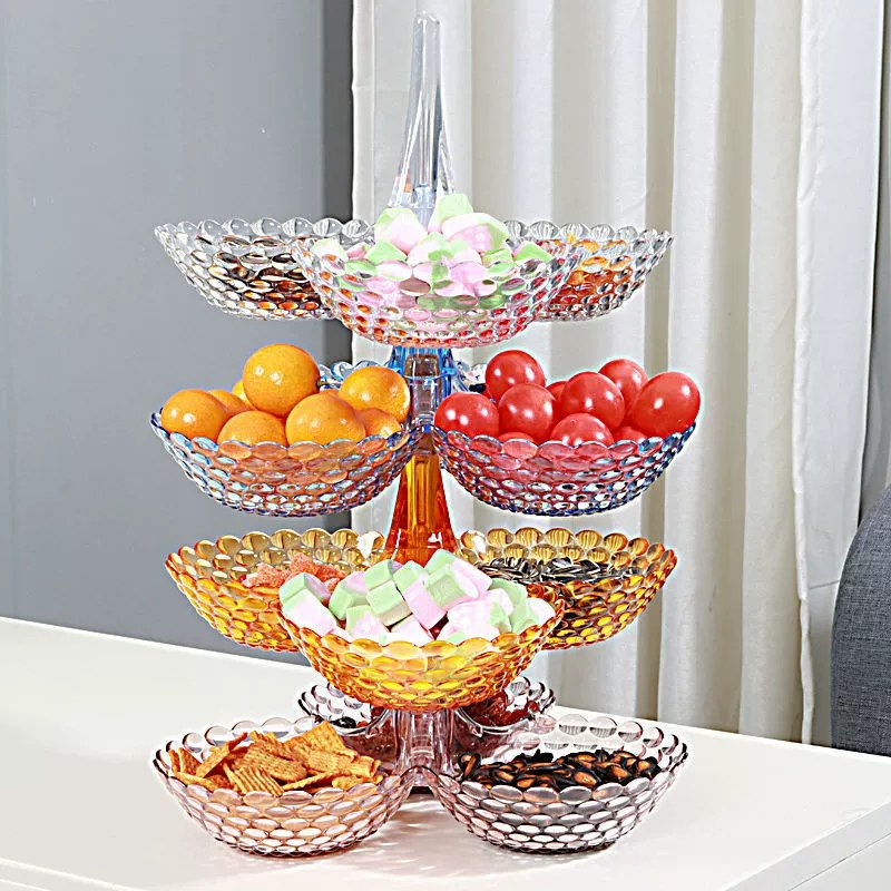 Fruit Plate Living Room High Beauty Value Wholesale Household Light Luxury Plastic Transparent Fruit High Foot Multi-Layer Chinese Style Refreshment Fruit Plate 