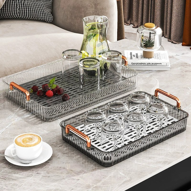 Tea Tray Household Living Room Dry Soaking Table Light Luxury Tea Set Cup Holder for Tea Cup Water Cup Rectangular Double-Layer Draining Tray 