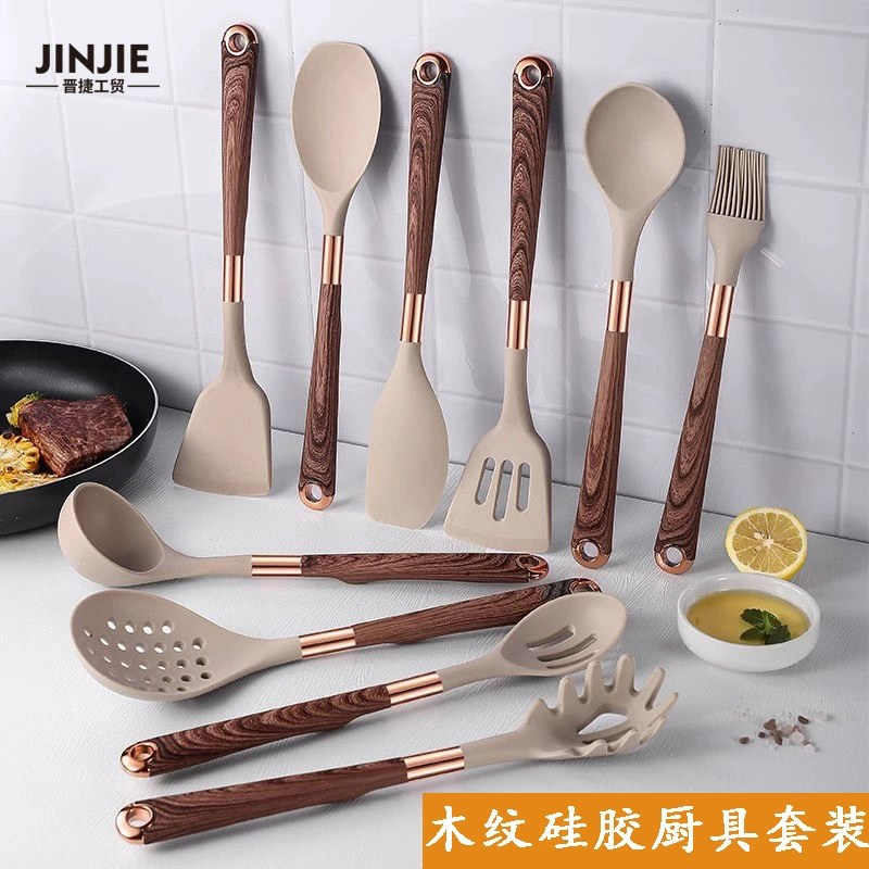 Wholesale Silicone Wood Grain Kitchenware 11 Piece Set Non-stick Pan Spoon Shovel suit Anti-scalding Gold Plated Wood Grain Handle Cooking Utensils