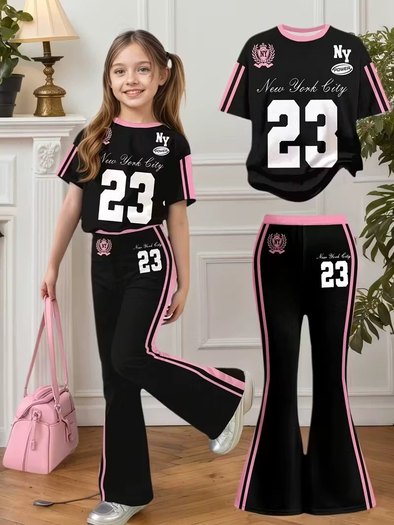 Cross-Border Wholesale Girls Flared Pants Set, Fashionable Spring, Summer, and Autumn Short-Sleeve Thin Style with Number 23 Design