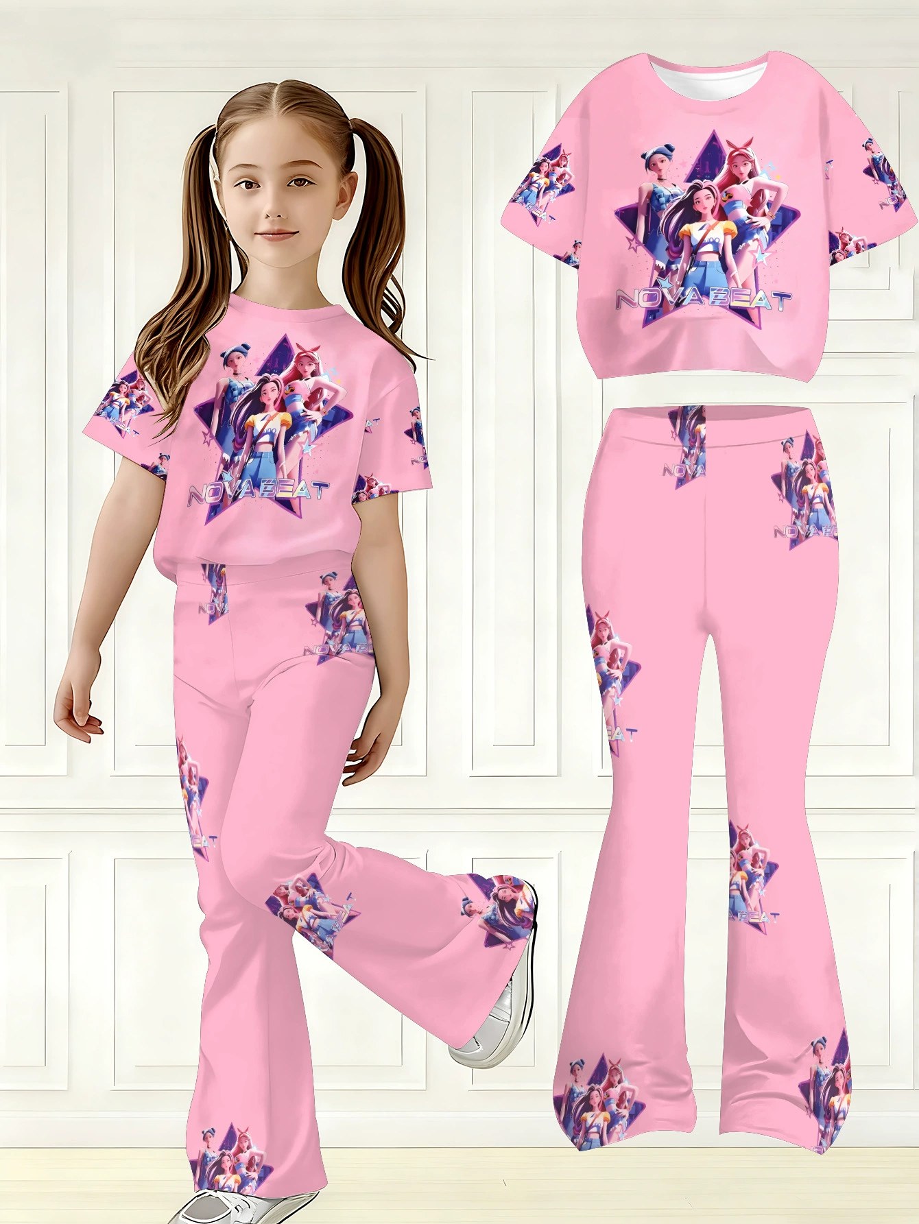 Hunting Girls Group Kpop Cross-Border Wholesale Girls Flared Pants Set Spring Summer Autumn Fashion Girls T-Shirt Set