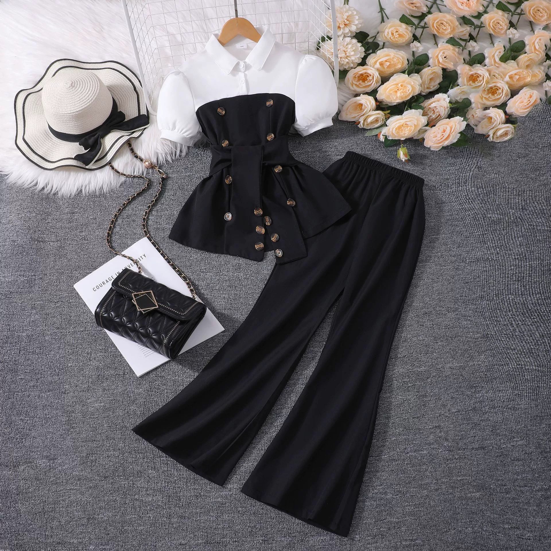 Little Girls Suit, White and Brown Patchwork Lapel Top + Wide Leg Flared Pants Fashion Set