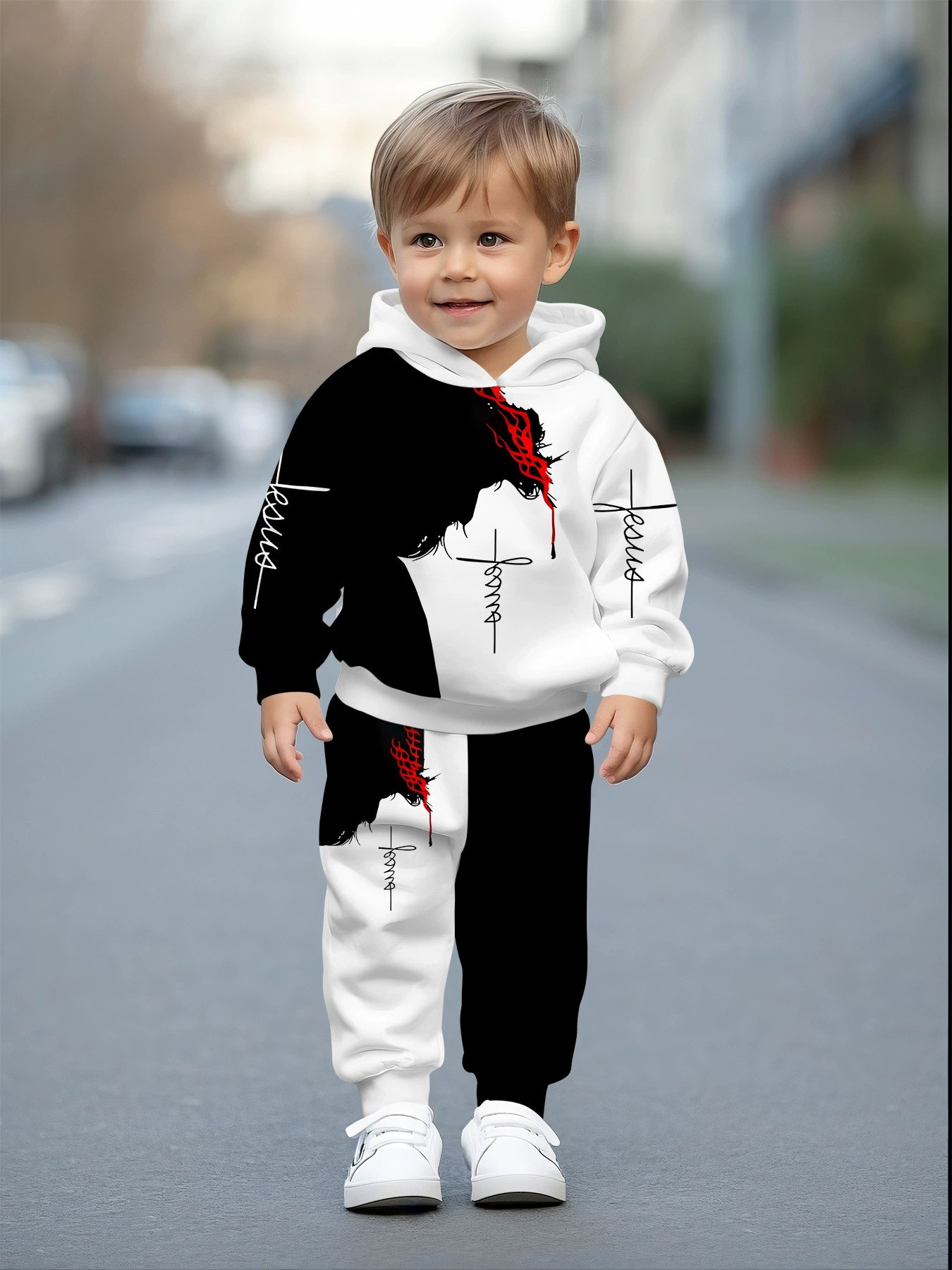 Baby Boys and Girls Hooded Sweatshirt Set, Stylish Black and White Print, Comfortable for Outdoor Activities in Spring and Autumn
