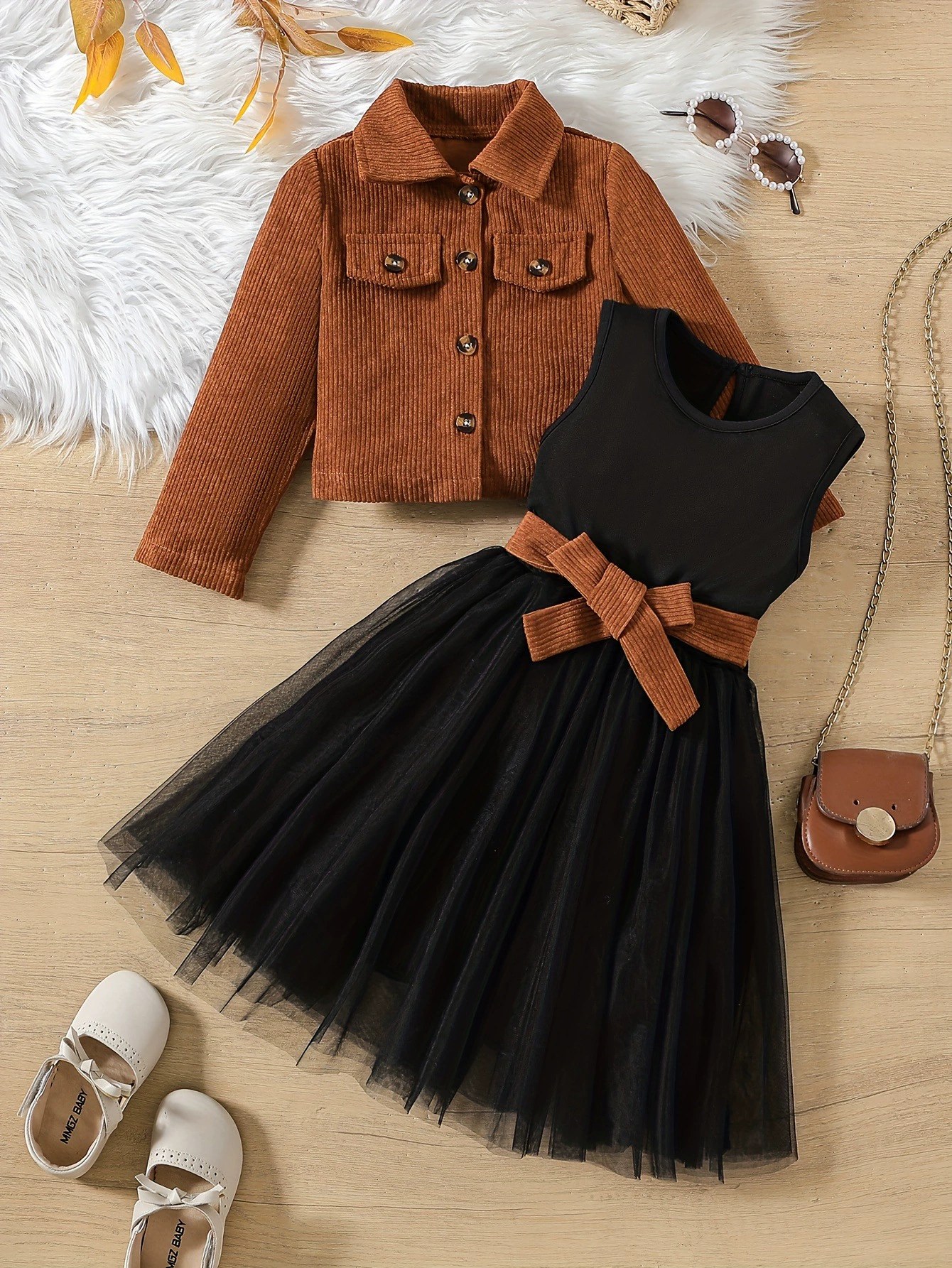Girls Corduroy Coat Skirt Set Brown Color Single-breasted Long-sleeved Top Vest Mesh Skirt Childrens Two-piece Set