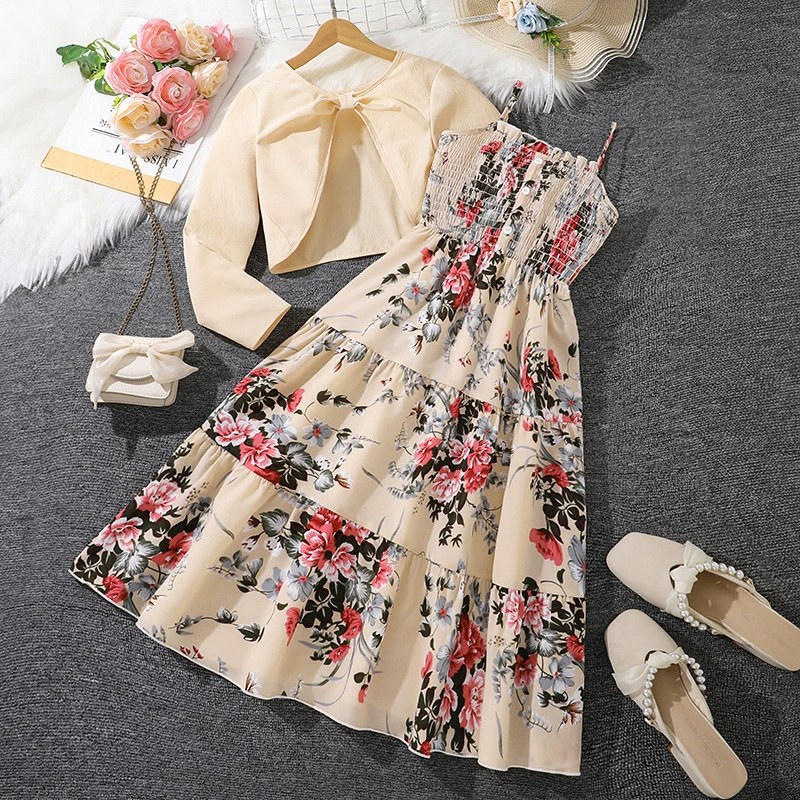 cuhk childrens suit foreign trade girls childrens clothing spring new sweet floral strap dress long sleeve coat wholesale