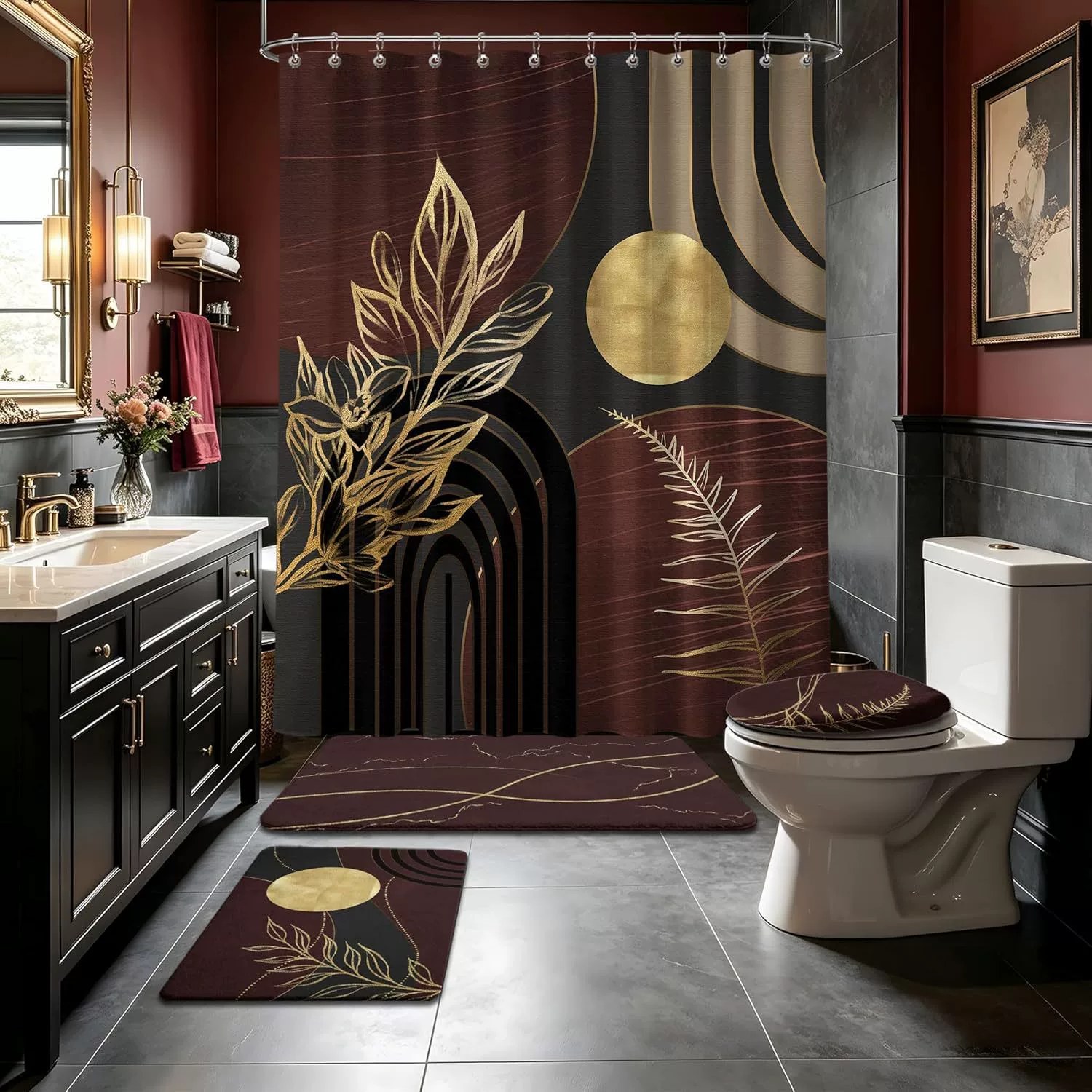 Soeeao Dark Brown Bathroom Shower Curtain Sets with Rugs, Bl
