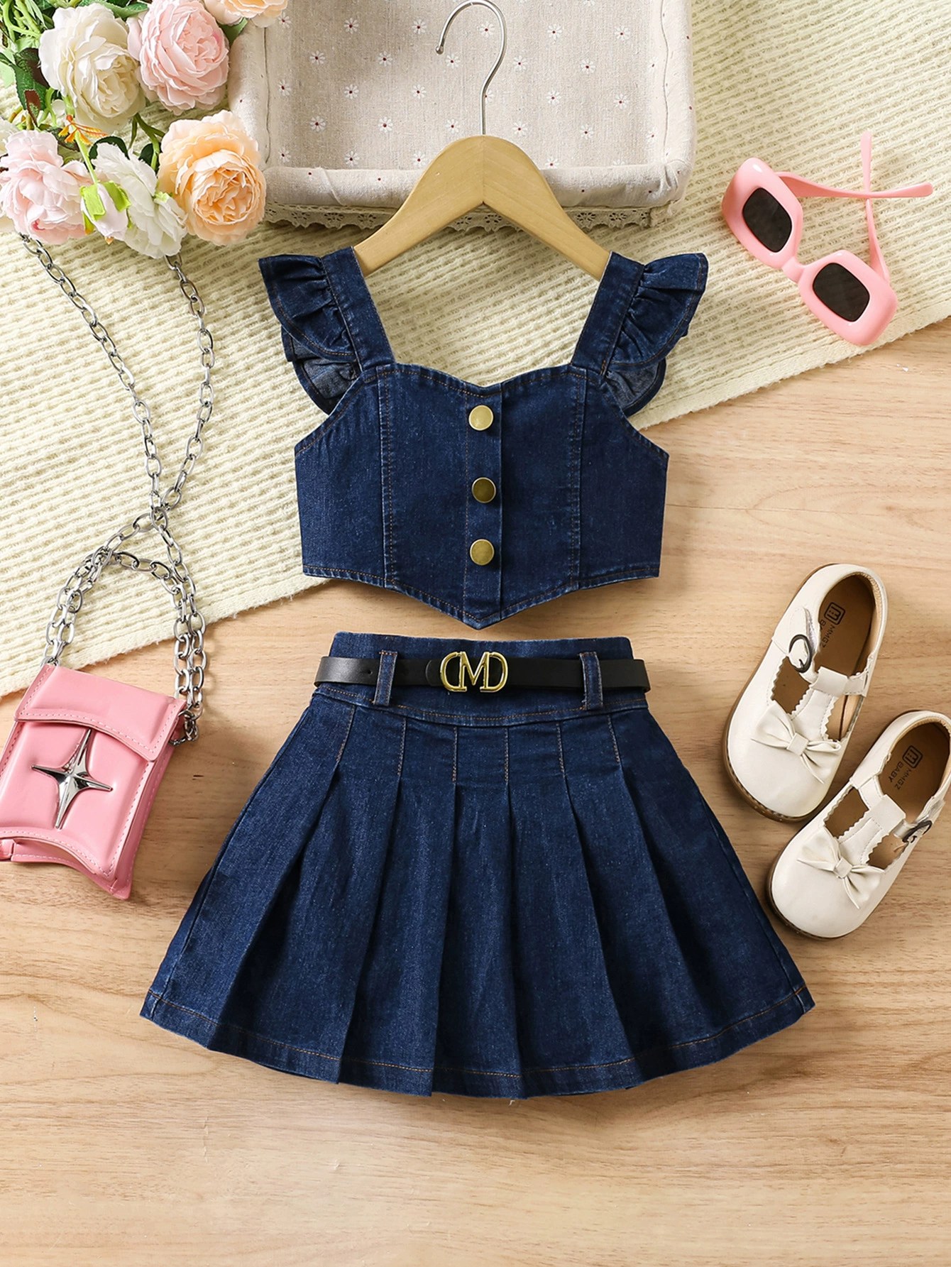 Summer Girls Flutter Sleeve Decorative Button Irregular Hem Back Wrap Top with Elastic Pleated Skirt Denim 2-Piece Set 