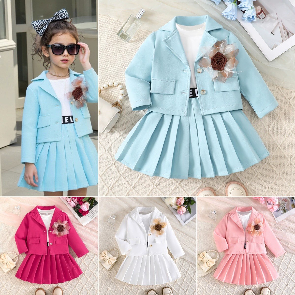 2025 Autumn Three-Dimensional Floral Cardigan + Vest + Pleated Skirt Girls Three-Piece Set