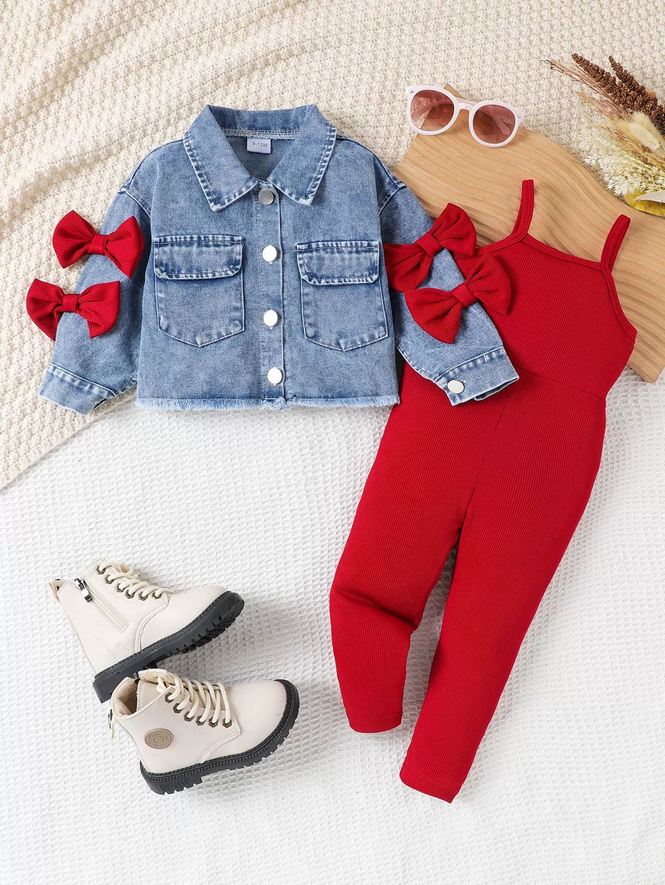 Kids Clothing Cross-Border Export Autumn and Winter New Kidsrens Blue Long-Sleeved Jacket Red Suspender Jumpsuit 