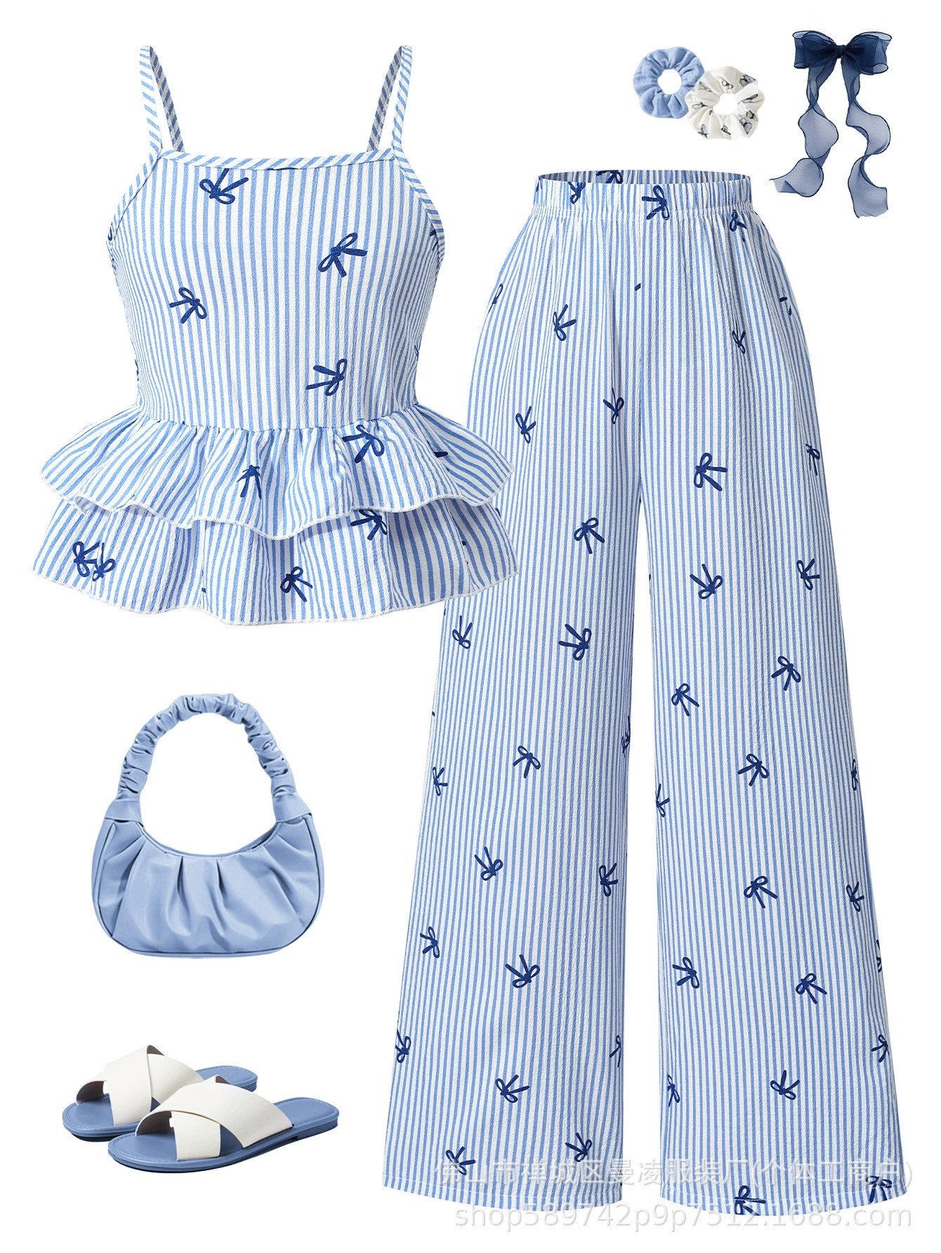 Girls Outfit 2026 New Amazon Spring/Summer Bow Print Camisole Wide-Leg Pants