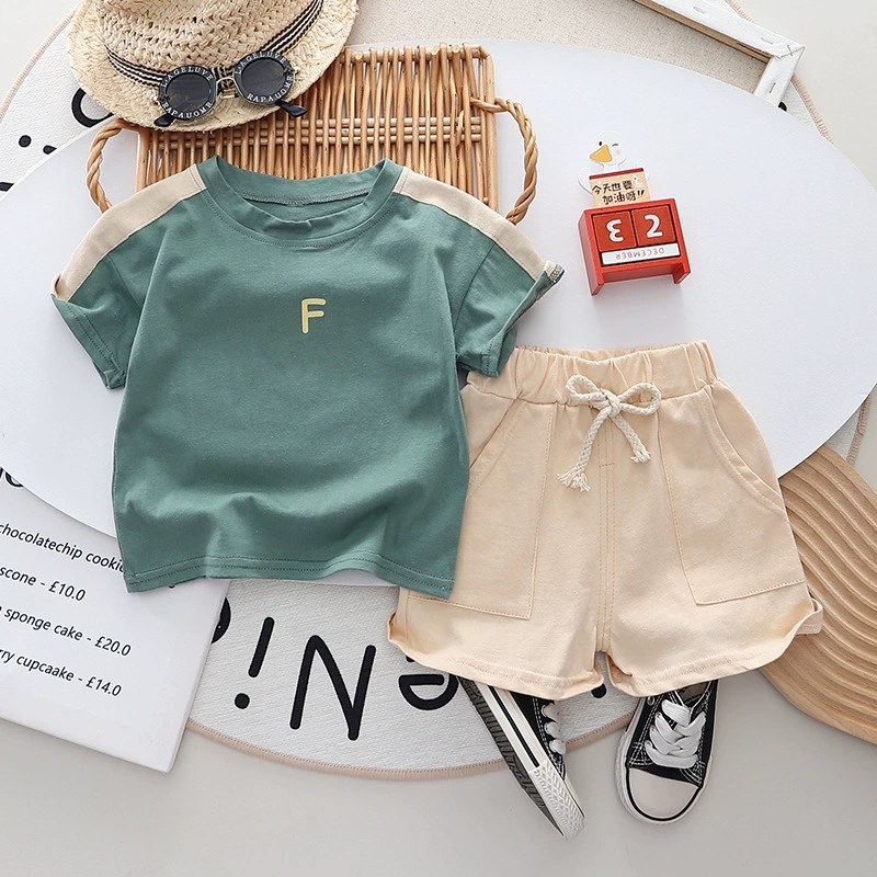 New Summer Korean Style Short-Sleeved Childrens Suit Boys 0-5 Years Old Round Neck Stripesd T-Shirt Shorts Two-Piece Childrens Clothing Set
