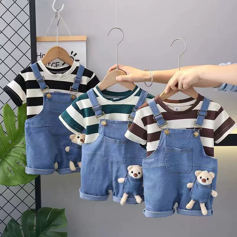 Cross-border for boys summer suit striped T-shirt doll Denim suspenders two-piece foreign trade childrens clothing wholesale