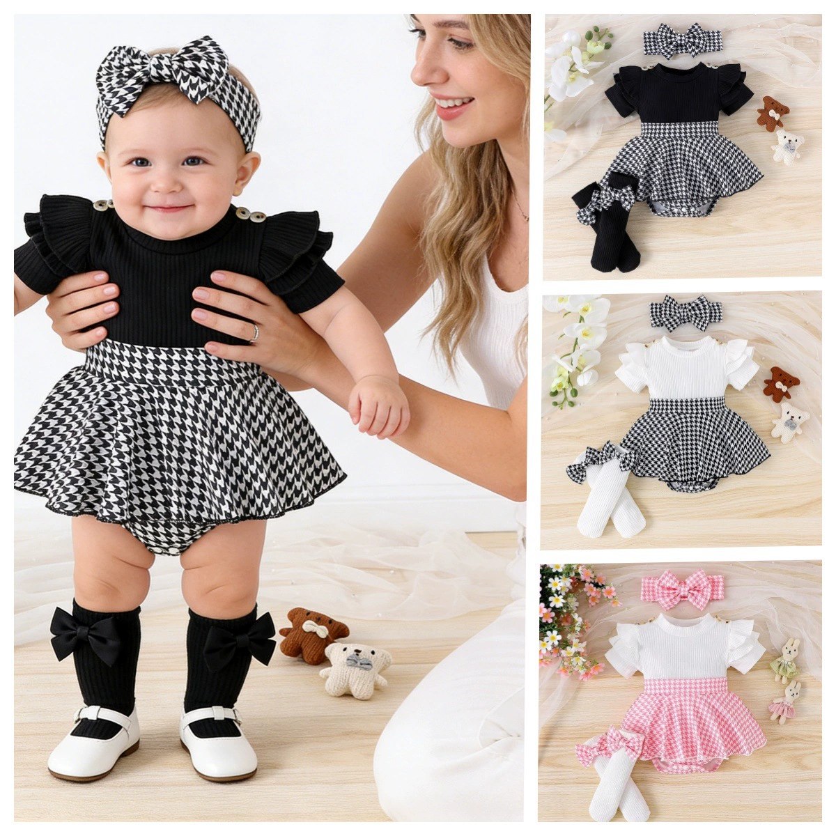 Foreign trade cross-border Europe and the United States summer baby flying sleeve short sleeve striped khai pants skirt socks headdress three-piece suit