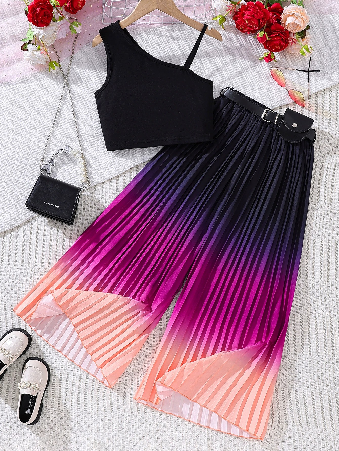 Cross-border Export Summer Fashion Medium and Large Kidsrens Gradient Camisole Elastic Waist Pleated Pants Suit Two-piece Set