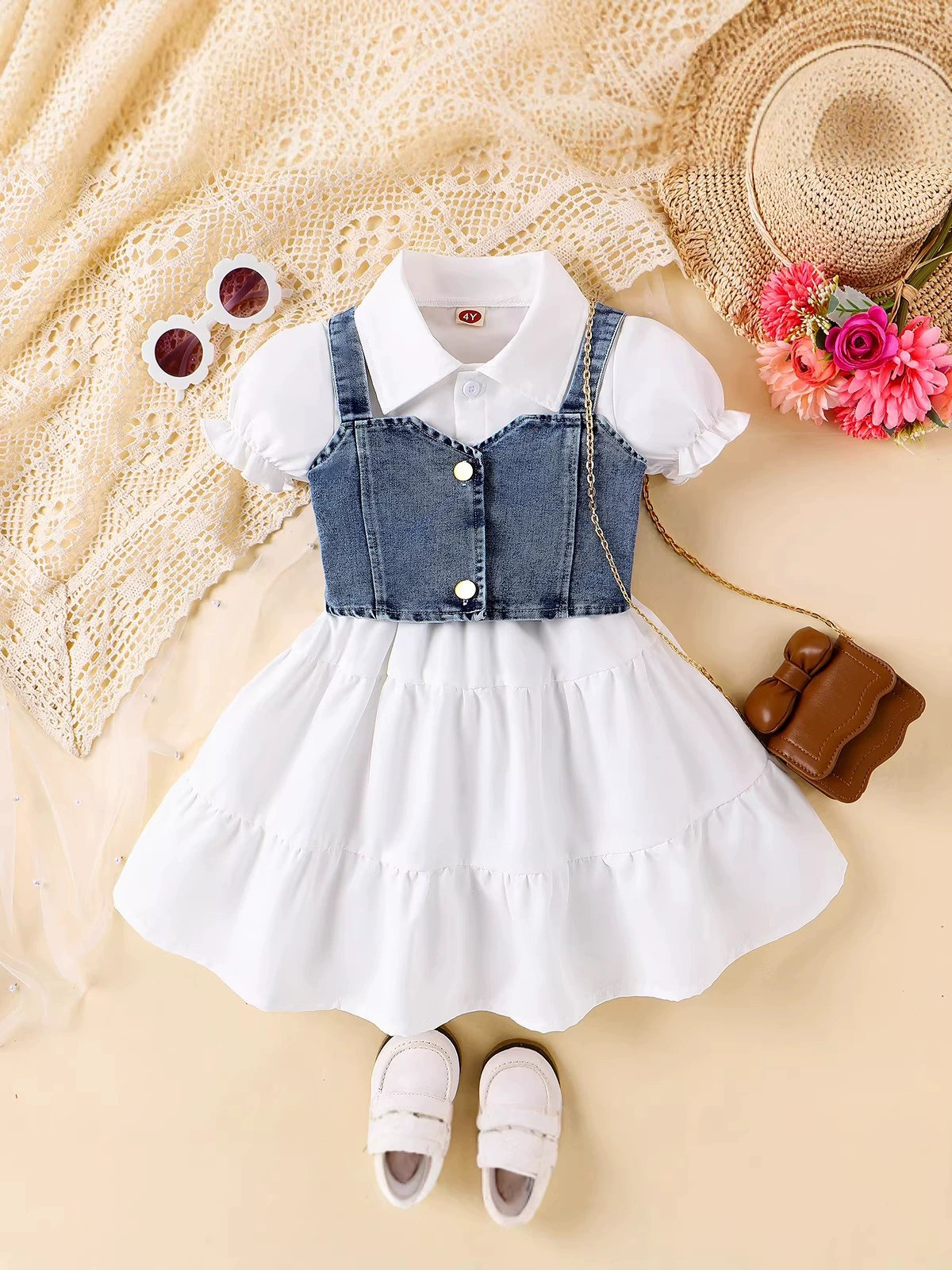 Cross-Border European and American Summer New Trendy Girls Outfit Set: Puff Sleeve Dress + Denim Suspender Two-Piece Set for Young Children