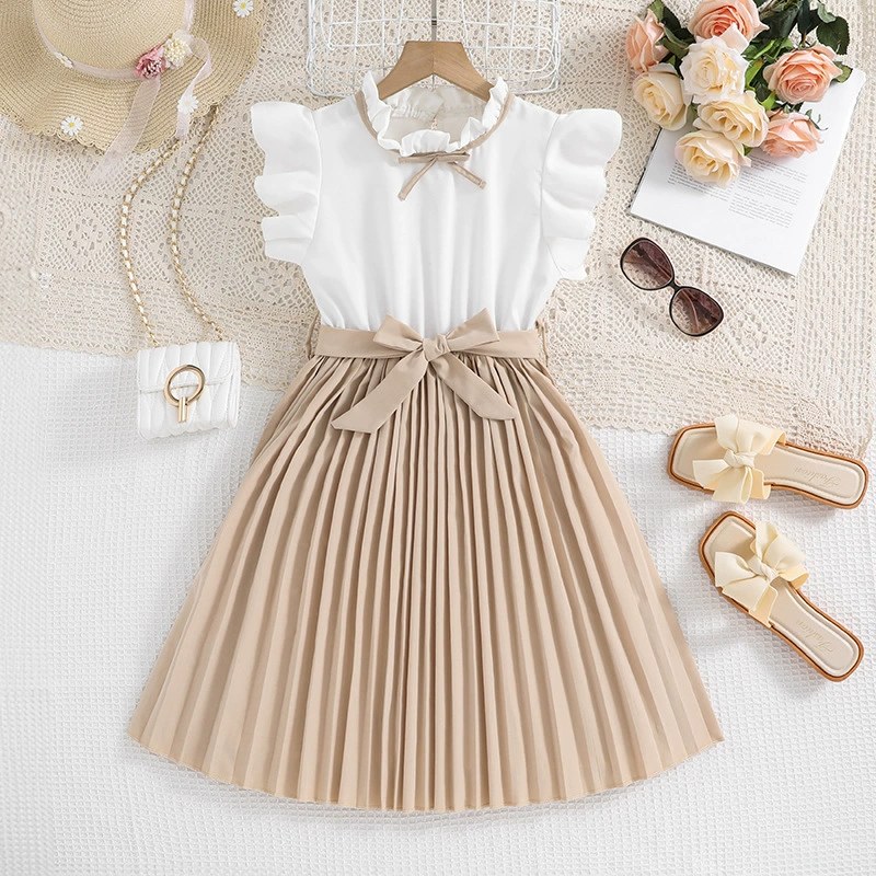 Girls Dresses European and American Childrens Clothing 2026 Summer New Stylish Flutter Sleeve Color-Blocking Pleated Childrens Princess Dress Wholesale