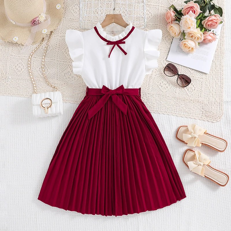 2026 Spring/Summer Girls Clothing New Style Flying Sleeve Color-Block Korean Princess Dress European and American Style for Older Children 