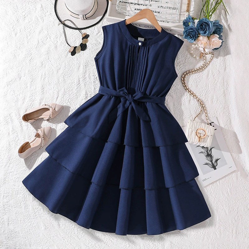 Girls Dress 2026 Summer New Fashion Hepburn Style Elegant Patchwork Waist-Slimming Sleeveless Princess Dress
