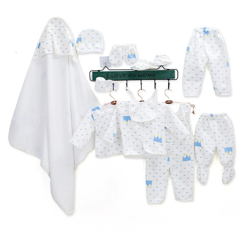 Factory Direct Sales of Combed Cotton Long-Sleeved Trousers for Male and Female Babies, Pure White Printed Newborn Romper Set, Eleven-Piece Set 