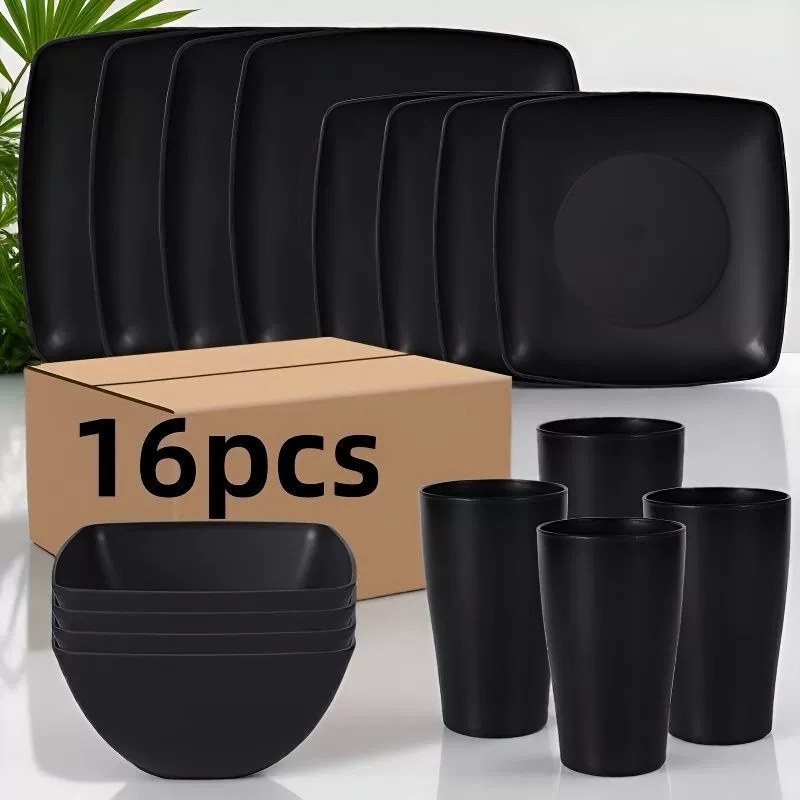 Cross-Border New Black Square 16-Piece Wheat Straw Tableware Dishes Set Cup Portable Outdoor Dinner Plate 