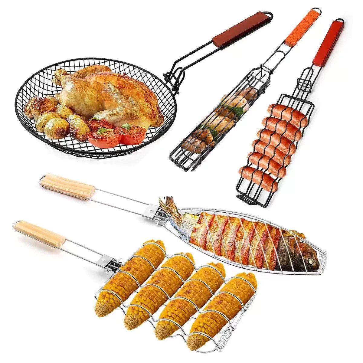Outdoor Stainless Steel Sausage Hot Dog Grilling Net Camping Barbecue Tool Portable Camping Barbecue Clip 