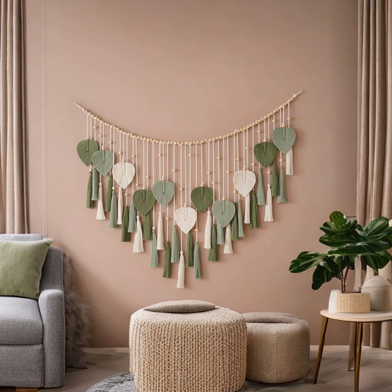 Medieval-Style European-Style Hand-Woven Cotton Rope Leaf Tapestry Bohemian Style Home Wall Decoration Room Wall Hanging
