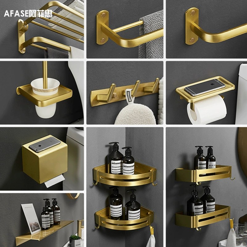 Bathroom Wire-drawing Gold Aluminum Rack European-style Hardware Pendant Set Bathroom Towel Rack Wall-hanging Storage Towel Bar