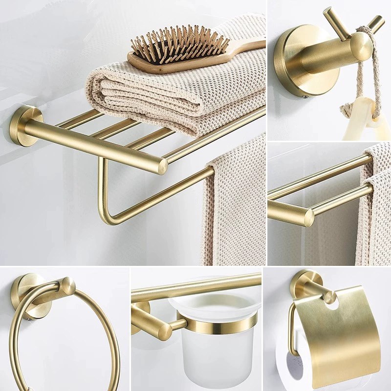 Wire-drawing Gold Stainless Steel Towel Rack Ring Toilet Paper Bathroom Toilet Rack Rod Clothes Hook Hotel suit Punch-free 