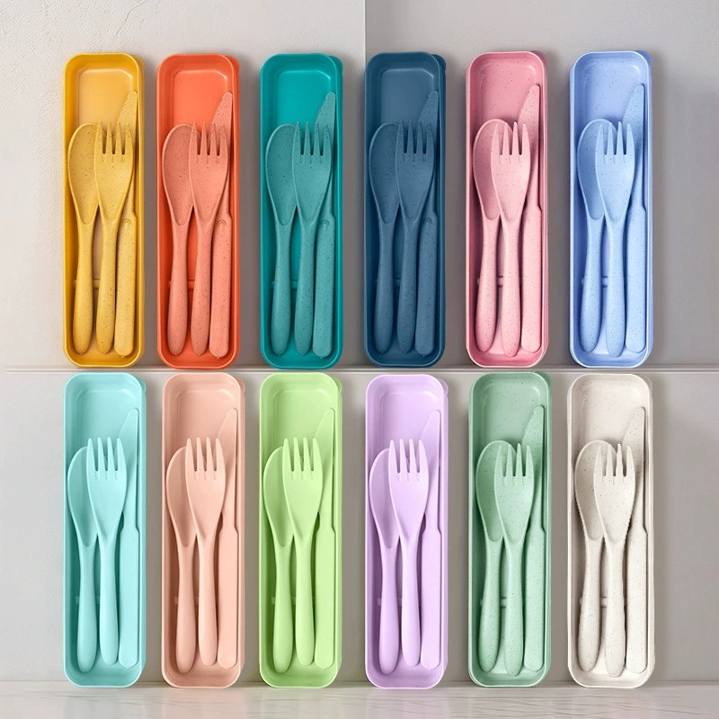 Portable Wheat Straw Knife, Fork and Spoon Tableware Travel Picnic Kidsrens Reusable Lunch Box Plastic Tableware 