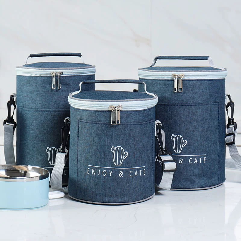 Oxford Cloth Lunch Bag Student Lunch Box Handbag Round Thickened Aluminum Foil Outdoor Insulation Office Student Cylinder Meal Bag