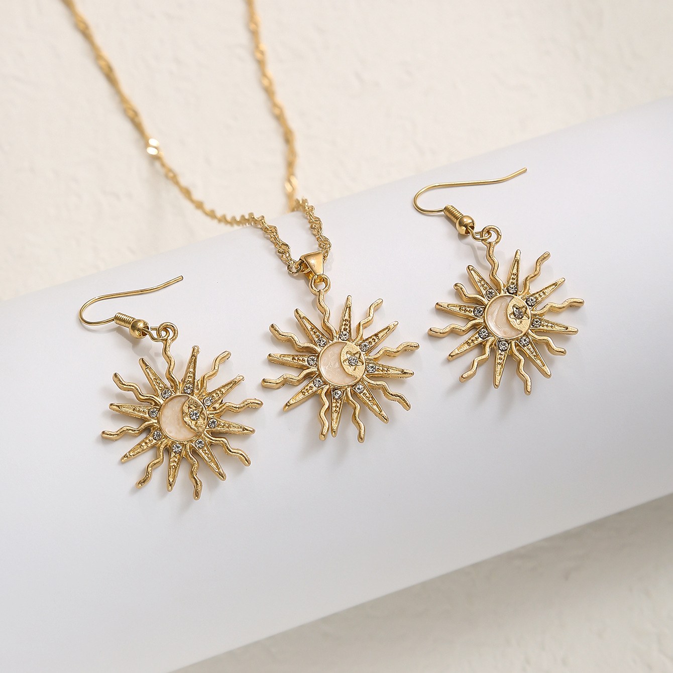 Sunflower necklace + earrings—gold