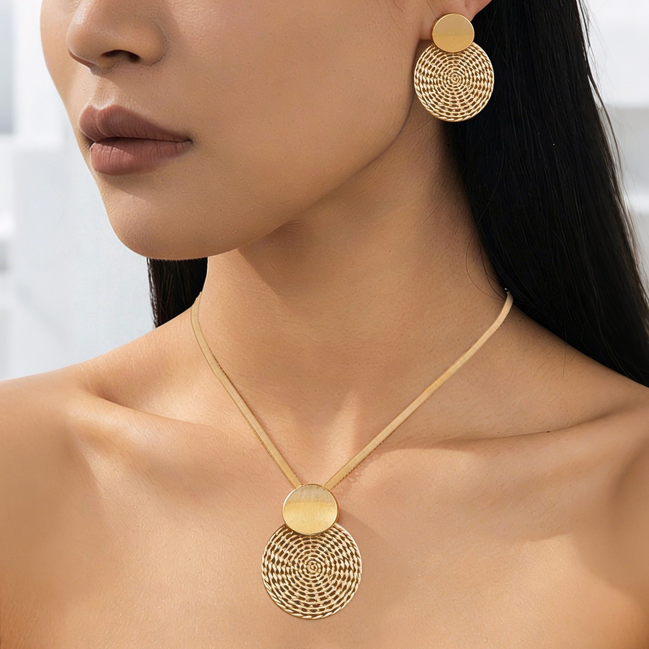 Flying saucer earrings + necklace - gold