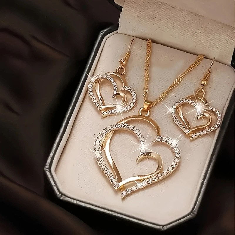 Hollow love earrings + necklace—gold