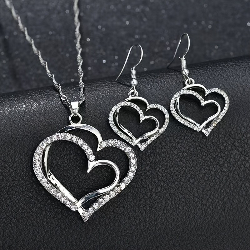 Hollow love earrings + necklace—silver