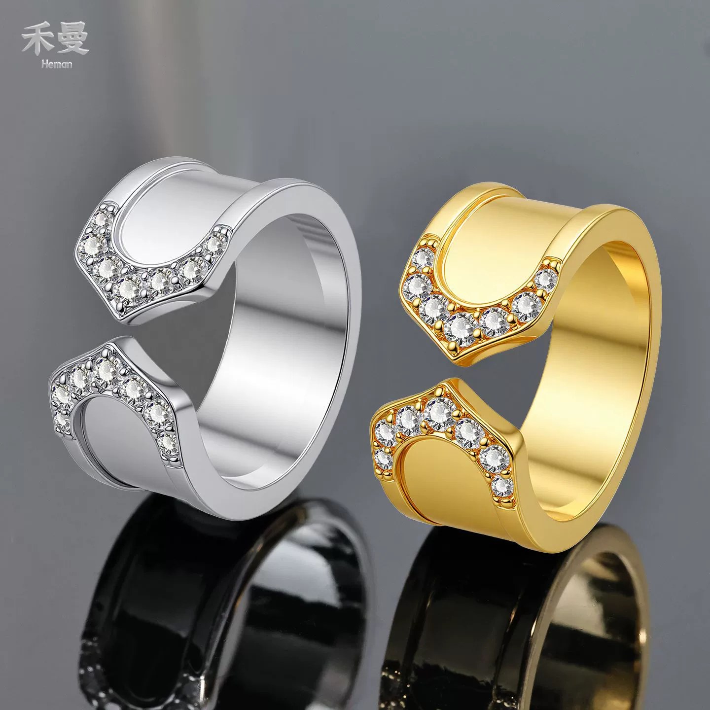 French-Style Niche Design Horseshoe-Shaped Diamond-Encrusted Ring Set, Eco-Friendly Copper Wide Open Ring, Womens Jewelry Wholesale