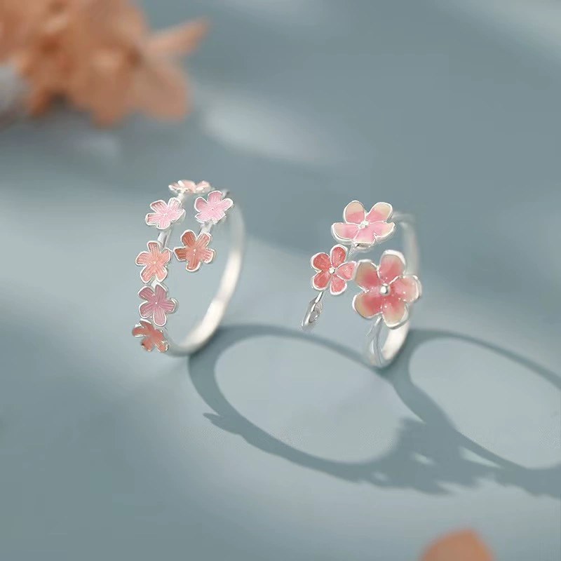 Zhao Lusis Same Style Tulip New Chinese-Style Enamel Cherry Blossom Adjustable Open Ring for Women with a Simple and High-End Feel