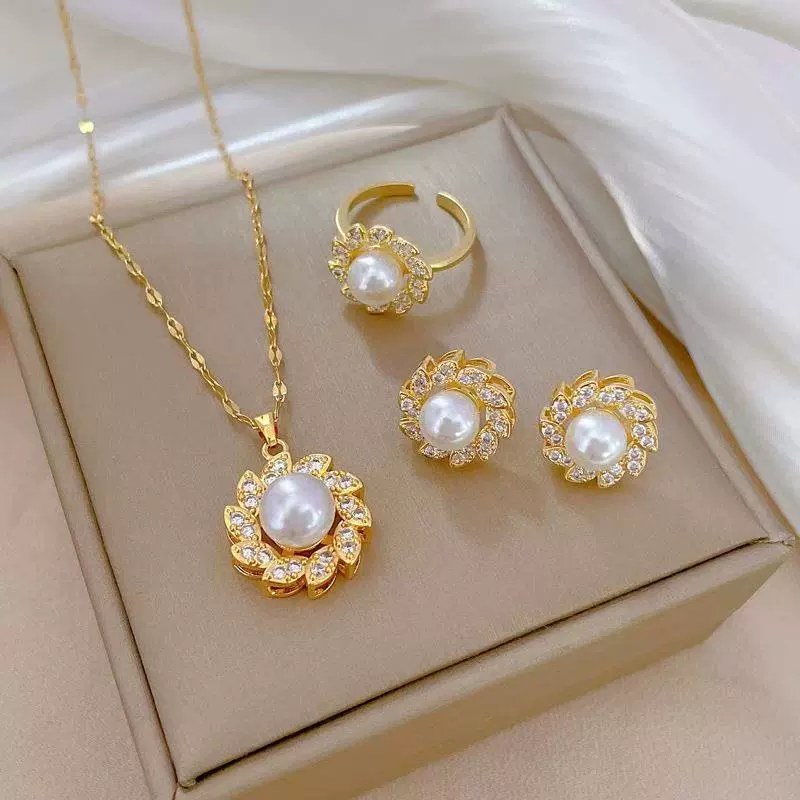jewelry suit pearl flower necklace fashion trend does not fade clavicle chain earrings ring three-piece set for women