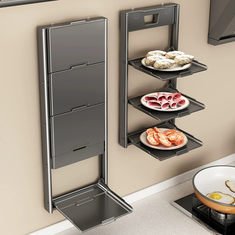 Kitchen Suction Cup Food Preparation Rack Foldable Multi-Layer Side Dish Plate Household Wall-Mounted Multi-Functional Storage Food Preparation Rack 